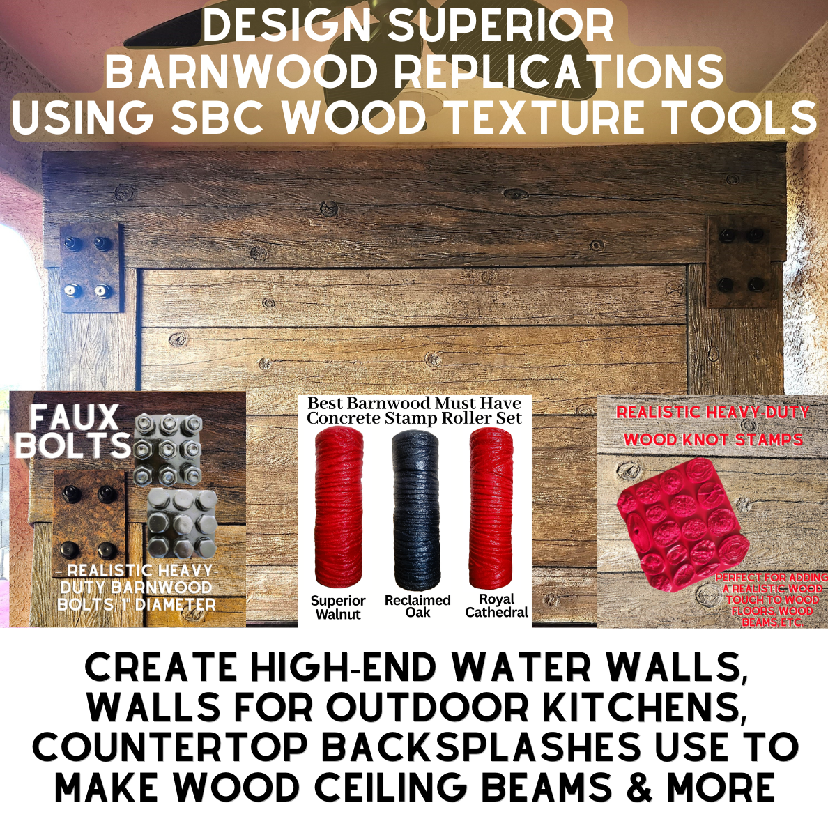 Best Barnwood Concrete Stamp Roller Set, Superior Walnut, Reclaimed Oak, Royal Cathedral Premium Must Have 3 Roller Set